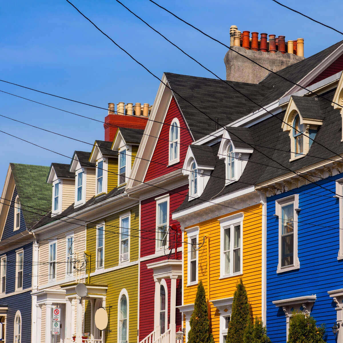 Row of colorful houses in St John’s Newfoundland Canada. CHRC Housing rights.